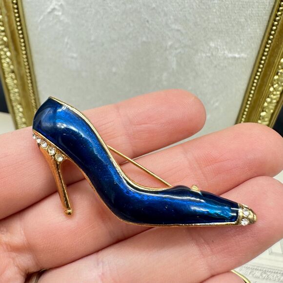 Vintage Fancy Enamel Blue High Heel Shoe Brooch With Crystal Rhinestones Pin - Picture 3 of 4
